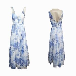 Trixxi Blue White Sheer Flowy Floral Maxi Prom Dress Netting Mesh Romantic 5